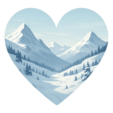 heart with a tranquil snowy mountain pass, clean digital illustration sticker