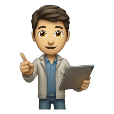 person holding an ipad, while pointing to it sticker