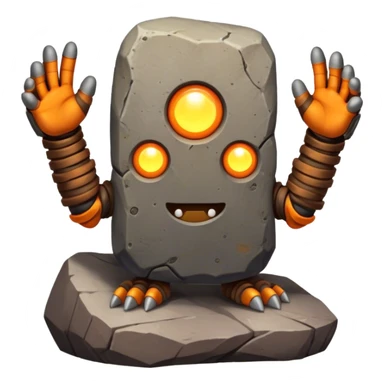Rock creature with glowing dots and 'GM' behind, featuring a rugged gray and brown stone body, orange-brown arms, and six yellow glowing dots on its head, with large bold 'GM' letters in the background.

 sticker