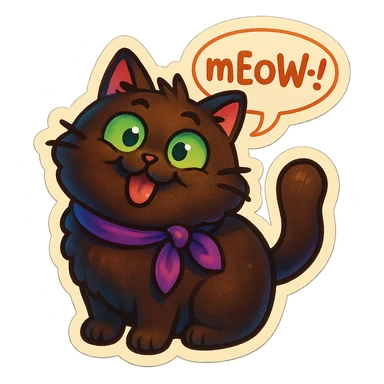 Fluffy cute derpy silly goofy funny dark-brown cat with green eyes and a purple scarf saying ‘mEoW~!’ (With a speech bubble) sticker