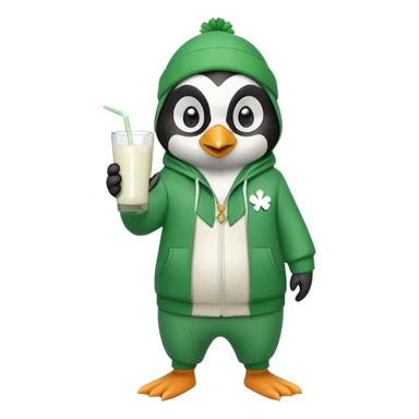 full body friendly anthropomorphised penguin wearing green mafia-style tracksuit, angry confident scheming stance, holding glass of milk, shamrock accessory sticker