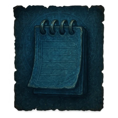 Windows 11 Notepad icon reimagined in the style of Elden Ring notes, blue color, aged mystical parchment with tattered edges, subtle magical and ancient details, no text, just the notepad look, option 1 sticker