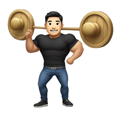 Thick muscular Korean man, with a smile, wearing a tight black shirt, blue jeans, add a gong with a gong stick in his hands sticker