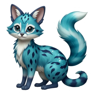 Hyper realistic  galaxy-swirl indigo-teal fur scattered with star-salt sparkle grains beautiful elegant pretty precious cute  Fakémon-Pokémon-opossum-feline-serval-caracal-chinchilla-Furret-Minccino-hybrid-creature with a big fluffy bushy tail (full body) sticker