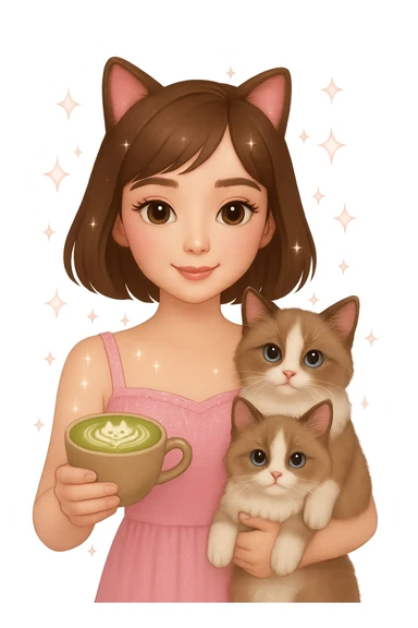 Add a matcha latte to the scene, keeping the Apple emoji style and pink soft girl aesthetic, featuring the girl with short brown hair, makeup, skincare, sparkles, and two light brown ragdoll cats. Maintain the transparent background and the overall Apple emoji style look. sticker