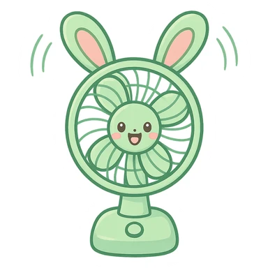 chibi electric fan shaped like a bunny, ears spinning as blades, pastel green, cheerful face, full-body sticker