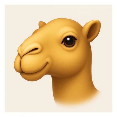 Edit the camel emoji to remove the hat, the green part of its neck, and the thing in or by its mouth. Keep all other details and style exactly like the iOS emoji style reference image. Add a subtle highlight. sticker
