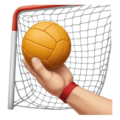 A close-up of a hand gripping a handball, with the handball gates visible in the background. The focus is on the texture of the ball and the strength of the grip, with the goal net slightly blurred to emphasize the anticipation of the throw. sticker
