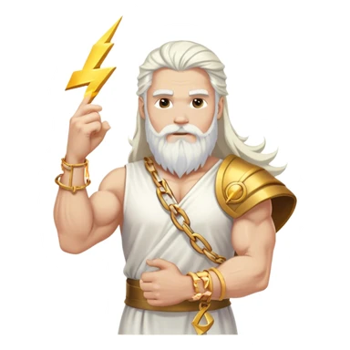 Muscular white colored long hair and white beard man white dress gold bracelet holding a lightning sticker