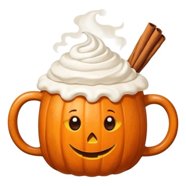 Steaming coffee Mug with whipped Cream and cinnamon Dust on Cream.  Small Punkin and 3 sticks of cinnamon next to mug sticker