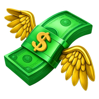 Edit the image to make the cash green and shiny, and the wings gold and shiny. Keep the same shape and details exactly as in the original. Remove the background completely. sticker