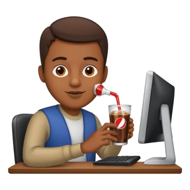 Hombre tomando un refresco frente a un ordenador sticker