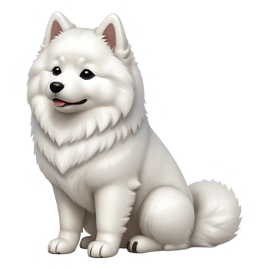 cinematic-[samoyed]-realistic-full-body-sitting-emoji,-tail-resting-loosely-beside-its-paws,-head-tilted-dramatically, -fluffy-[white]-fur,-simplified-yet-realistic-focused-features,-highly-detailed,-glowing-with-an-almost-sarcastic-glow sticker