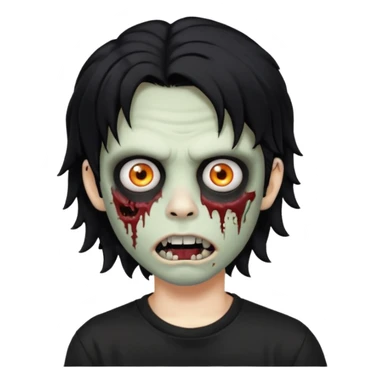 a boy with wavy hair, a zombie-shaped mouth piercing hum, and black hair with a black shirt too, and medium-length, wavy black hair, almost shoulder-length, with a lip piercing. with white skin sticker