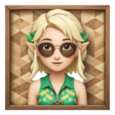 elf female legolas portrait, patterned board shorts (geometric/abstract), unique wooden-framed sunglasses, undercut hairstyle, slight smirk, visible pointy ears, no background, centered emoji, hipster summer vibe coctails sticker