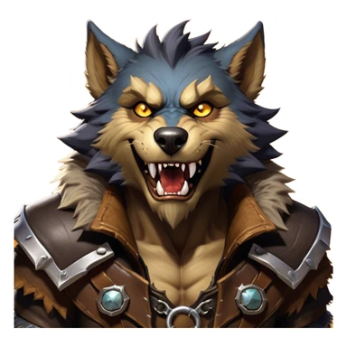 Cinematic Realistic WoW Worgen Portrait, head tilted dramatically with an exaggeratedly amused expression, blending ferocious beastliness with a touch of unexpected humor. His rugged fur, tanned skin, and worn leather garments are rendered with meticulous detail and dynamic lighting, high shine, dramatic yet whimsical, capturing the essence of a worgen whose epic might is tempered by a playful, irreverent charm. sticker