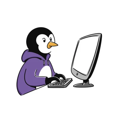 A hand-drawn penguin wearing a purple hoodie typing enthusiastically on a computer keyboard sticker
