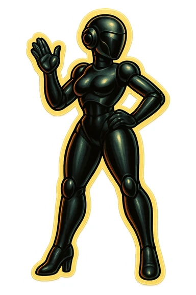 Combine the slim, sleek black female robot with the pose and proportions of the green cartoon robot, but give her a powerful, confident, and commanding pose (not friendly), in retro sticker style with bold outlines and a transparent background. sticker