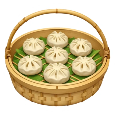 ["Four steamed dumplings in a bamboo steamer basket."] sticker