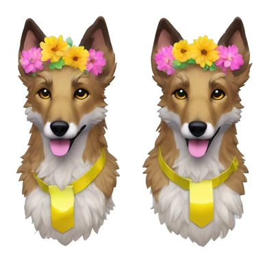  brindle fluffy lurcher Alsatian fox running blue eyes fluffy ears and iridescent holographic oilslick harness wearing paper flower crown yellow caution tape neon sign sticker