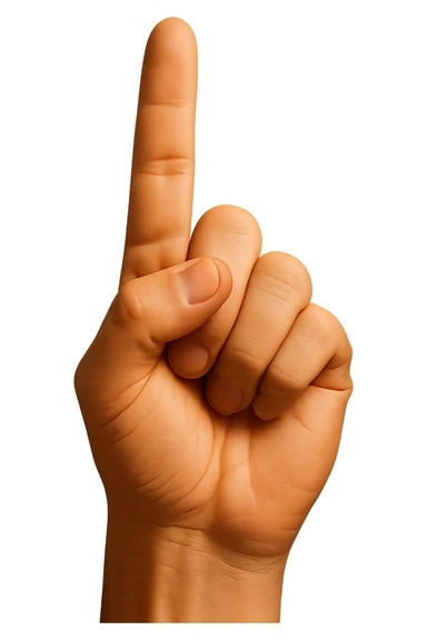 Edit the image to show only one hand, pointing upwards with the pointer finger extended. The hand should have a realistic skin color and look like a detailed plastic figurine's hand. The image should be extremely high quality and detailed with no background. sticker