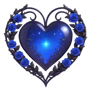 gothic heart made of midnight blue glass with silver crescent moon, tiny black roses, shimmering stardust, misty night sky background, holographic shimmer, glowing blue aura sticker