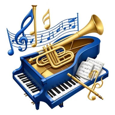 Create an elegant and refined emoji that represents orchestration and arrangement. The design should feature a musical score or sheet music with various orchestral instruments like a violin, a trumpet, and a grand piano subtly integrated into the composition. Add a conductor's baton, symbolizing the guiding hand of orchestration, and flowing musical notes that move between the instruments. Use rich, classic colors like gold, silver, and deep blue to evoke the sophistication of orchestral music. The background should be transparent, with a touch of intricate details to represent the complexity of orchestration. sticker