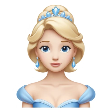 Cinematic Elegant Cinderella Portrait Emoji, rendered in a cinematic, vector-style with minimal shading and bold, simplified shapes. Depict Cinderella in her classic ball gown (chest and above) with fair, porcelain skin and elegantly styled blonde hair, her eyes soft and kind, and her expression serene and graceful. The design glows with a gentle, enchanting radiance and high shine, capturing the timeless beauty of a fairy tale princess. sticker
