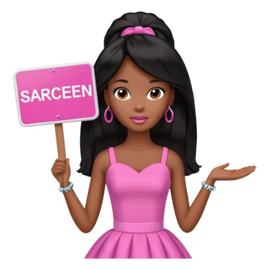 Black barbie, long black  hair, pink dress holding sign, that says "tap screen" sticker