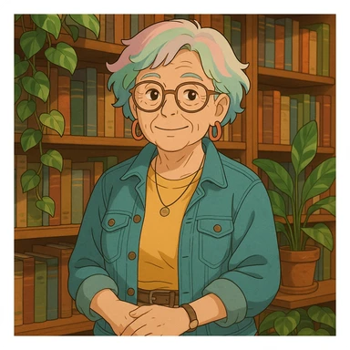 Gen Z librarian granny with pastel hair, hip clothing, surrounded by books and plants, warm expression, ghibli style sticker