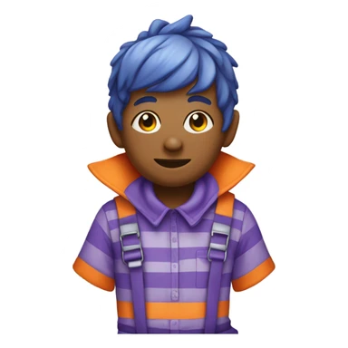 Blue pixie wearing purple overalls over a white and orange striped shirt sticker