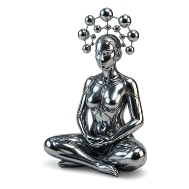 stylized chrome statue of a woman meditating, with a network of chrome orbs suspended above her, futuristic and polished sticker