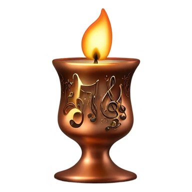 A lit Copper colored glass candle with music notes raising from the smoke sticker