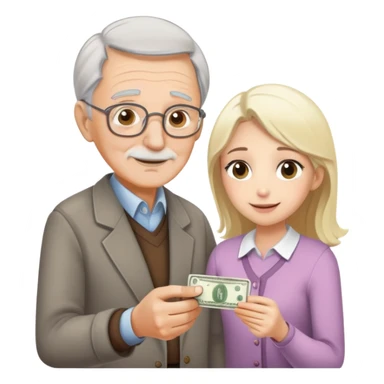 Kind elderly grandfather with gray hair giving money to a pretty blonde young woman who needs financial help, supportive family moment sticker