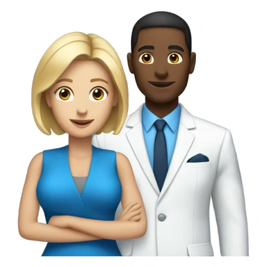 Black guy in a blue suit with a white blonde lady in a blue suit sticker