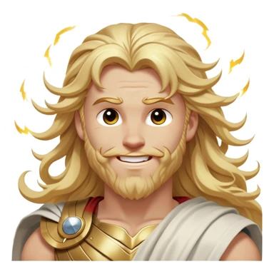 Cinematic Realistic Thor Portrait, head tilted dramatically with an exaggeratedly amused expression, featuring lively, twinkling eyes and a subtle, roguish grin. His fair, radiant skin and long, wavy golden hair, rendered with classical precision, complement his draped white toga adorned with delicate golden details and mythic lightning hints, all brought to life with dynamic lighting that captures both his divine power and playful, approachable charm. sticker