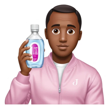 A realistic product shot of a transparent bottle of Johnson’s Baby Oil by Johnson & Johnson, featuring a soft pink label. The oil inside is crystal clear and glossy. Sean "Diddy" Combs is holding the bottle sticker