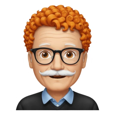 An elderly man with curly orange hair, brown eyes, black glasses, and a white mustache, wearing a gentle smile. sticker