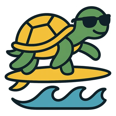 Add cool sunglasses to the surfing turtle. Keep the color outline icon style with clean lines, playful and modern look, no background. sticker