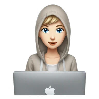 beautiful girl with computer,blue eyes,beautiful girl with short hair with computer,blue eyes,white skin, makeup, hoodie,short light-brown hair,code in background sticker