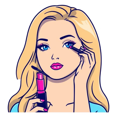 Blonde woman with long hair, blue eyes and pink lips holding mascara in her hands sticker