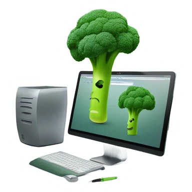 Generate a creative broccoli emoji sitting in front of a computer with a stylus, designing something on a screen. sticker