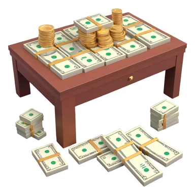 realistic 3D table with assorted jewelry, a Rolex wristwatch, and stacks of money sticker