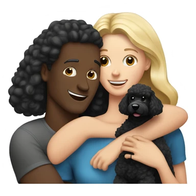 European blond mom, european dad with dark hair and European blond daughter hug black poodle sticker