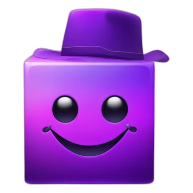 purple gradient smiling cube with 2 long hands on its side and 2 long legs below with a hat sticker