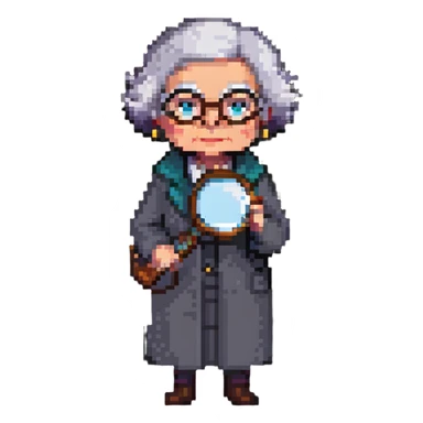 pixel art grandmother detective with a magnifying glass sticker