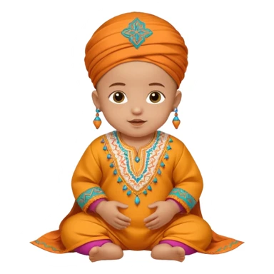  baby, dressed in colorful ghalibiya with delicate decorations, and a traditional Moroccan terbuka sticker