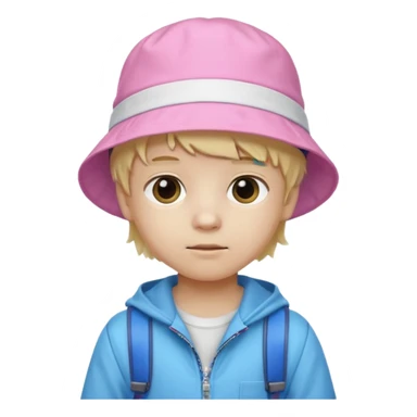 A little boy student white skin, blonde hair, with pink bucket hat, white jacket, blue backpack sticker