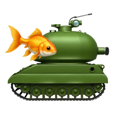 goldfish in the hatch of a green army tank, iOS emoji style sticker