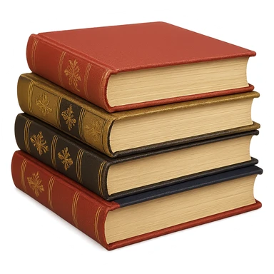 Book stack with red, gold, black, and blue books, elegant literary style sticker